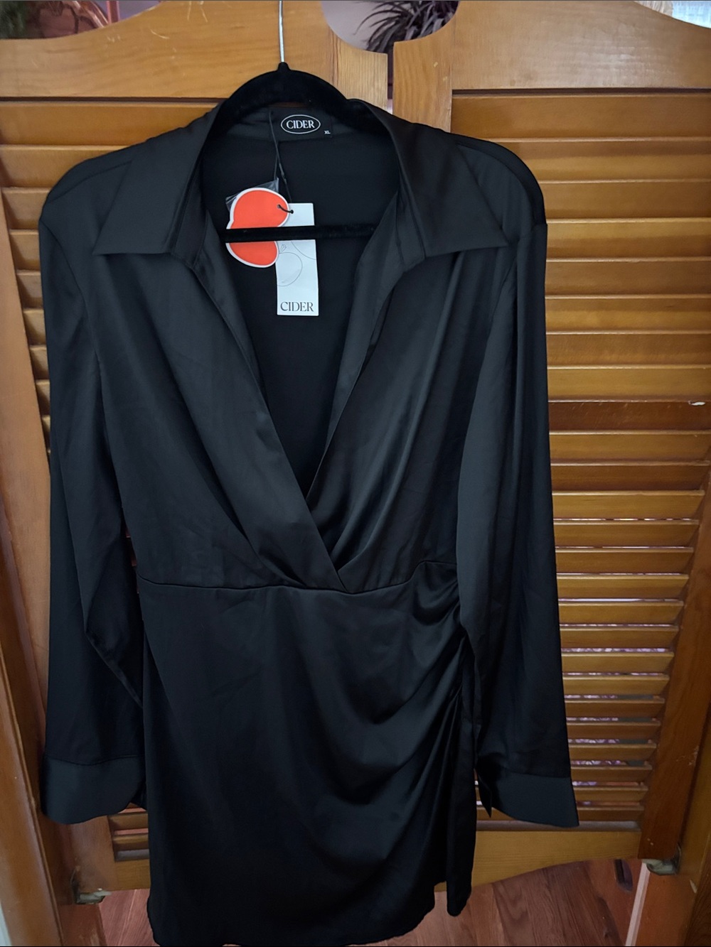Cider Black Satin Wrap Chemise with Waist Tie